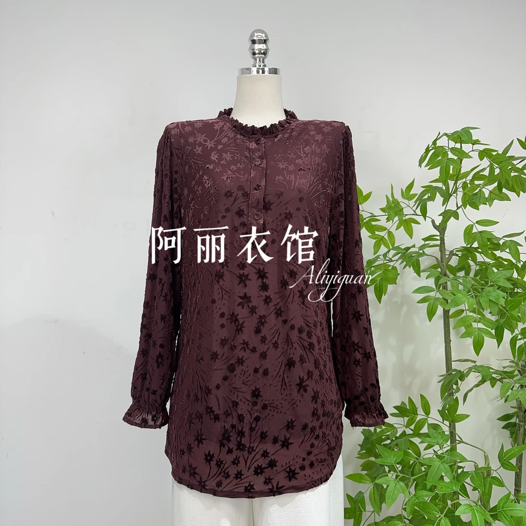 M25A31秋季时尚植绒烧花花边领套头纯色中长款上衣