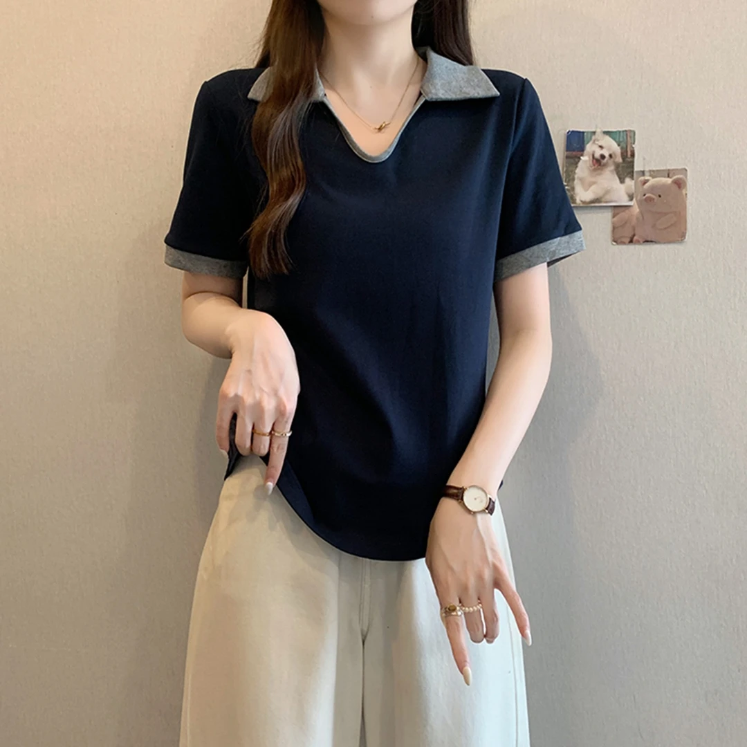 大码撞色polo领正肩短袖t恤女夏胖mm显瘦遮肚宽松不规则短款上衣