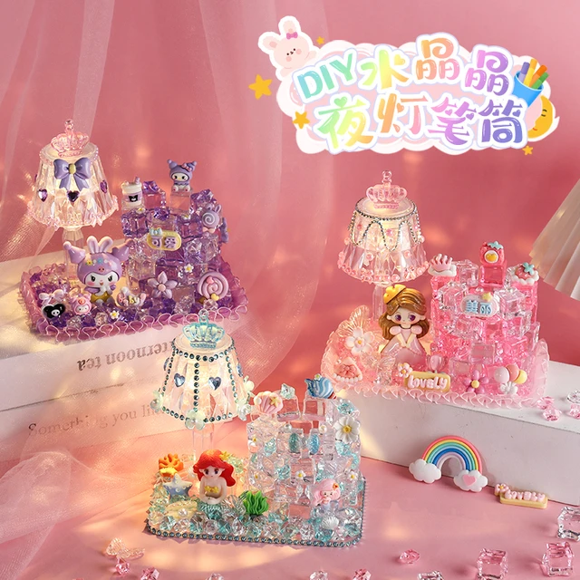 儿童手工DIY小夜灯 制作材料包 笔筒 公主水晶灯透明冰块桌面收纳