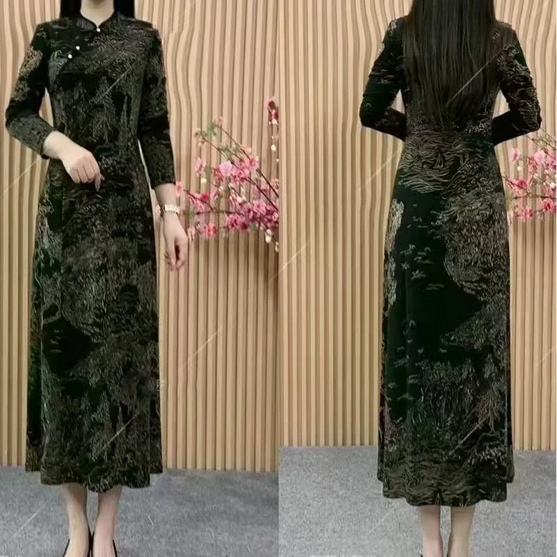 秋季新款舒适减龄休闲修身长袖弹力缎面显瘦三粒扣改良旗袍连衣裙