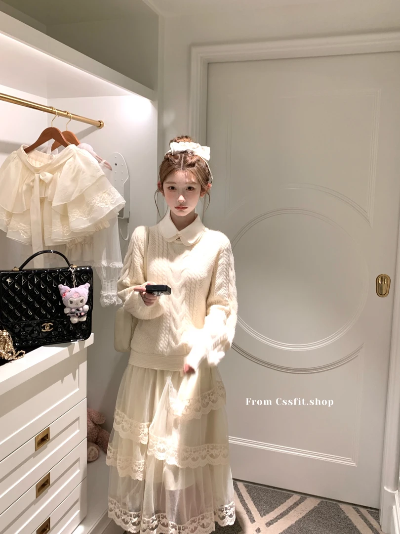 迟伞伞25/ss凛泽惠也 麻花丝光羊毛衬衫领拼接花边假两件纱裙长裙