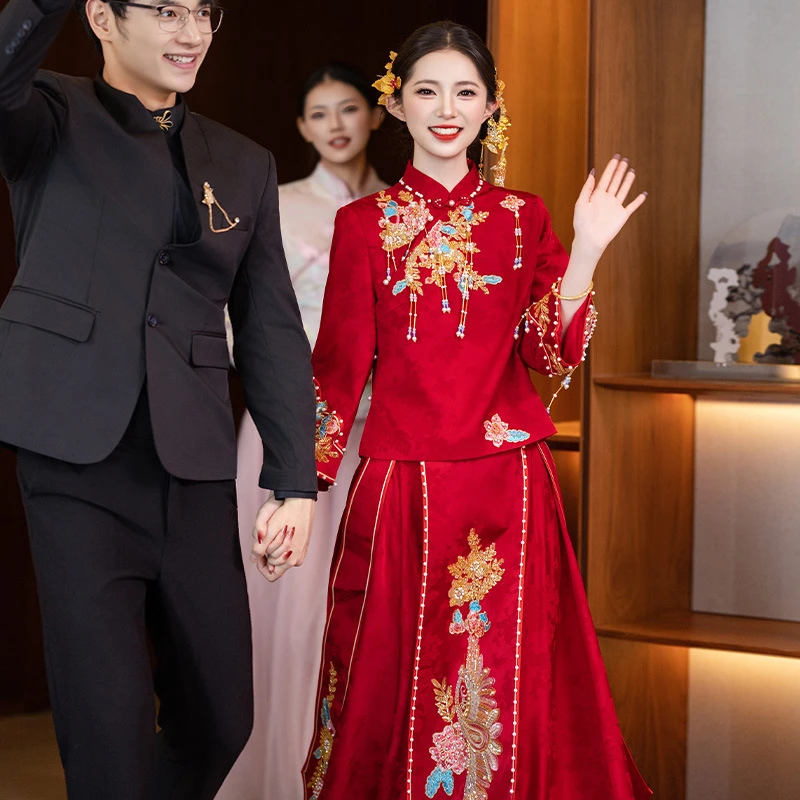 订婚旗袍红色结婚礼服长袖婚服法式冬季新中式敬酒服秋冬2025孕妇