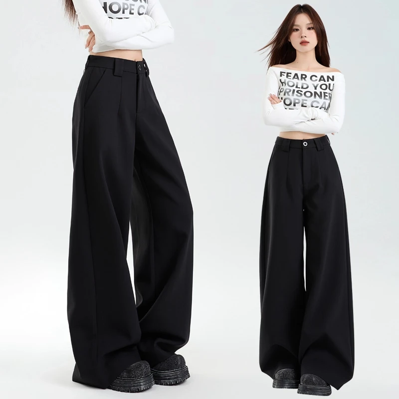 拉夏贝尔高级感黑色休闲西装裤女秋冬新款通勤简约高腰垂感阔腿裤