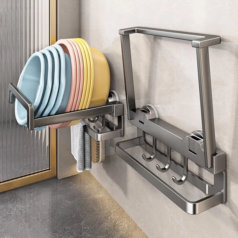 壁挂式洗脸盆收纳架浴室放盆子置物架卫生间免打孔盆架吸盘脸盆架