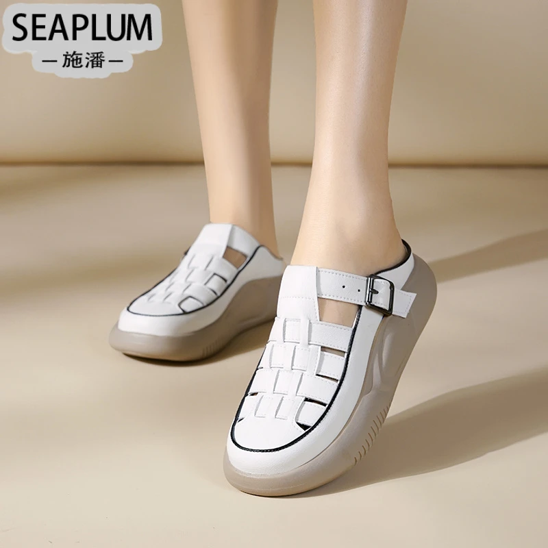 SEAPLUM真皮包头拖鞋女透气无后跟懒人凉鞋厚底百搭夏季软底时尚