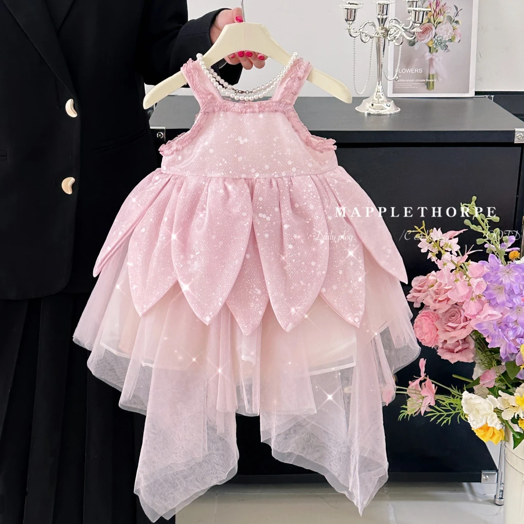 女小童韩版花瓣背心裙2025夏季新款洋气小女孩蓬蓬网纱礼服公主裙