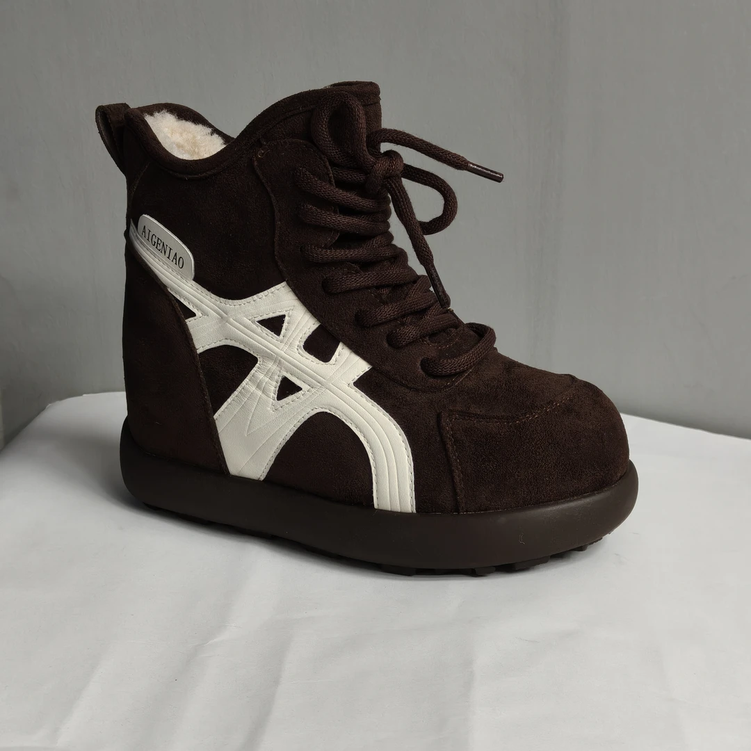 9公分加绒松糕软底板鞋女厚底增高低帮系带圆头时尚女鞋