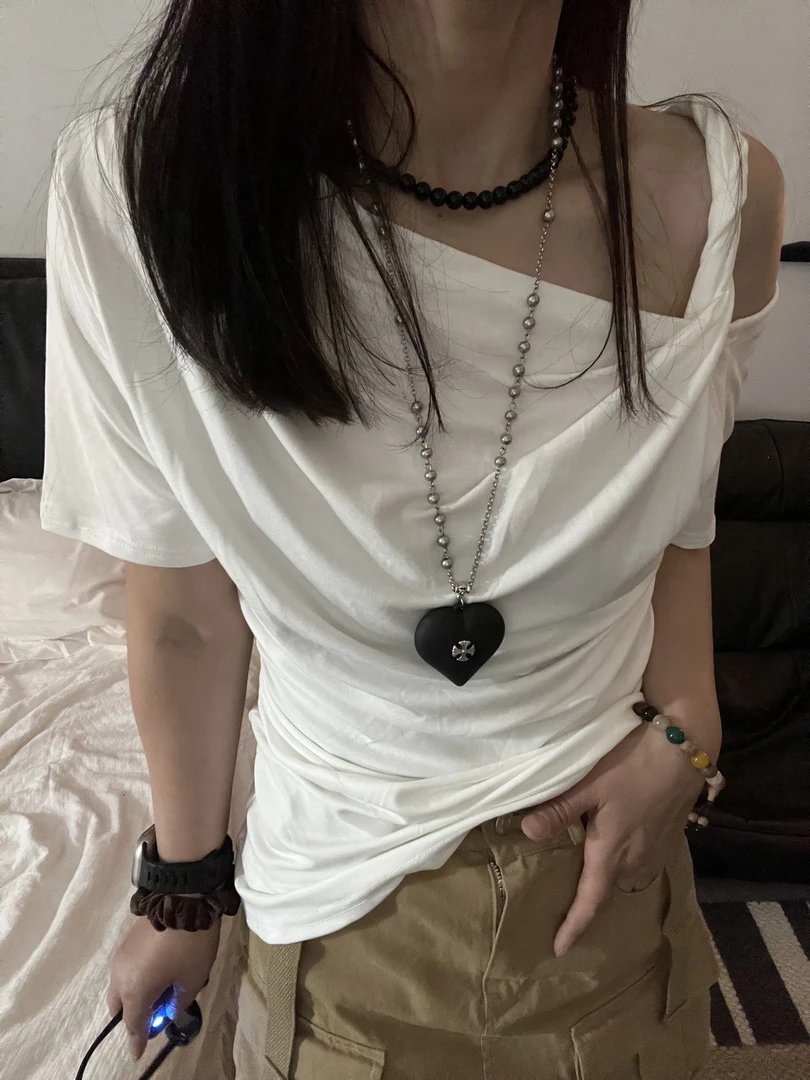 【Miss 程】东大门设计感斜肩抽褶T恤