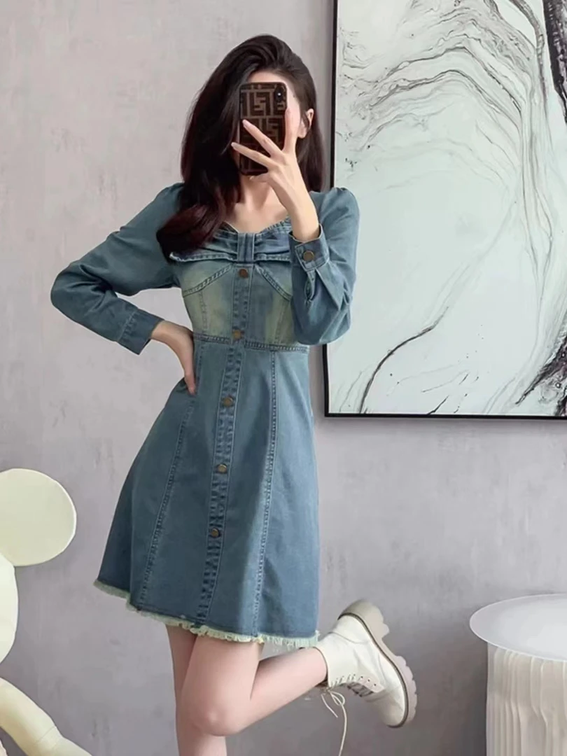 佳奇家1005时尚洋气牛仔连衣裙法式收腰小个子大码女装显瘦裙子