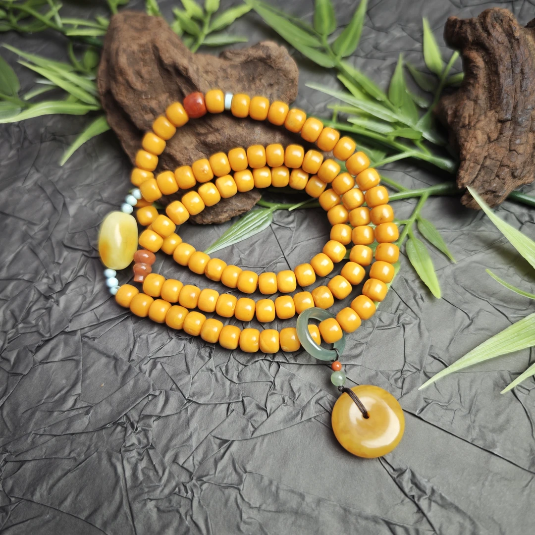 【蜜语】氧化白花老型三圈 平安扣吊坠 脖颈链 天然原矿蜜蜡