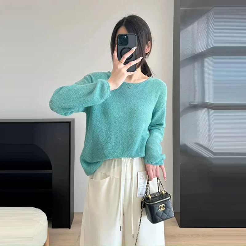 简约休闲圆领亮片针织衫女2025春季新款宽松显瘦设计感韩系上衣潮