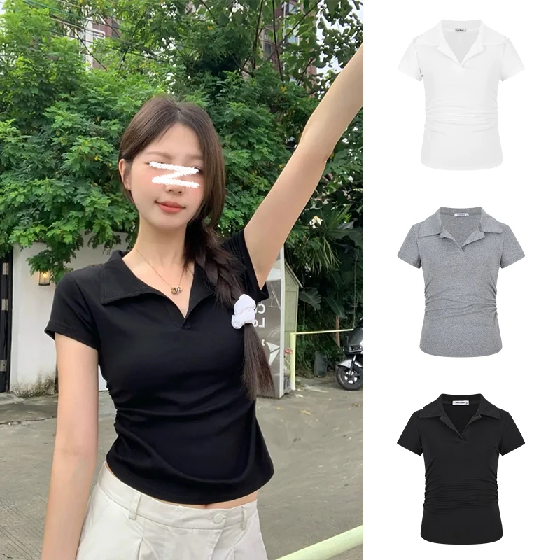 Moses Queen/魔西女王设计感polo领正肩短袖t恤修身收腰显瘦上衣