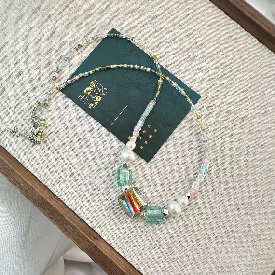合金项链 （希媛专属清仓）QC023银箔方块彩色小米珠夏日琉璃项链