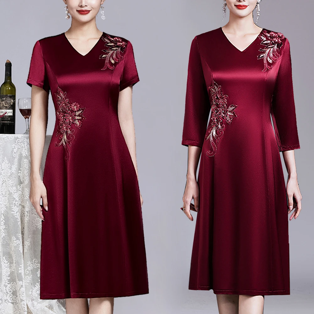 结婚礼妈妈晚礼服高贵年轻喜服醋酸缎面连衣裙春秋喜宴婆婆婚宴装