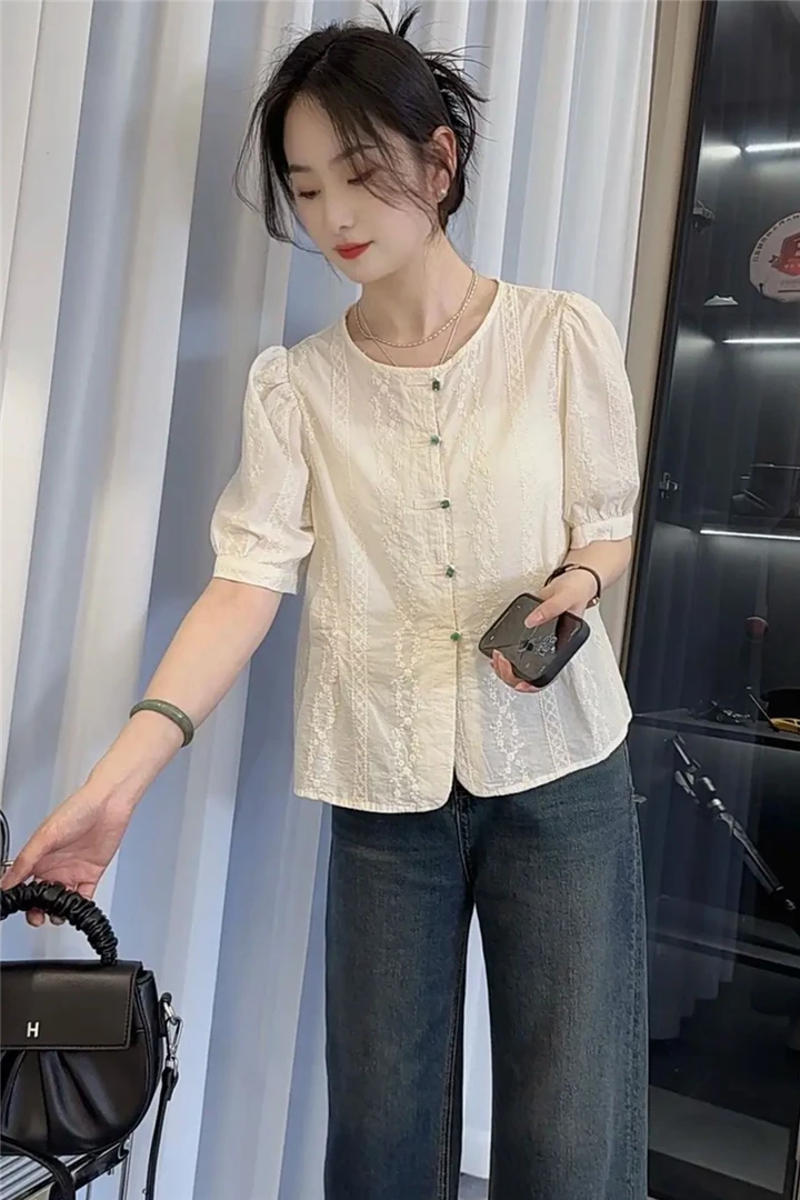 新中式国风衬衫女短袖薄款上衣夏季2025新款高级感小个子刺绣小衫