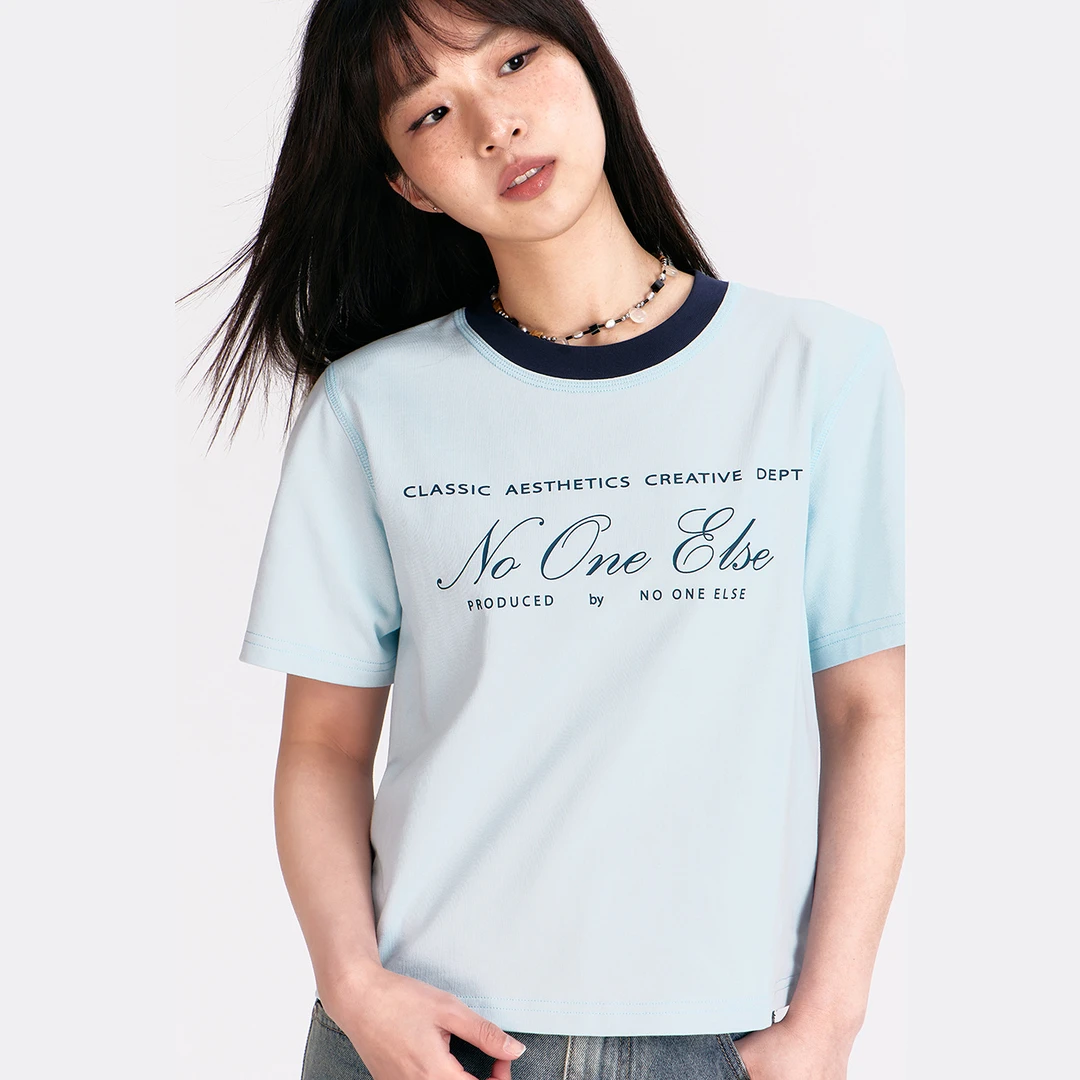 NO ONE ELSE美式复古女装夏季拼接圆领直筒短袖套头上衣字母T恤