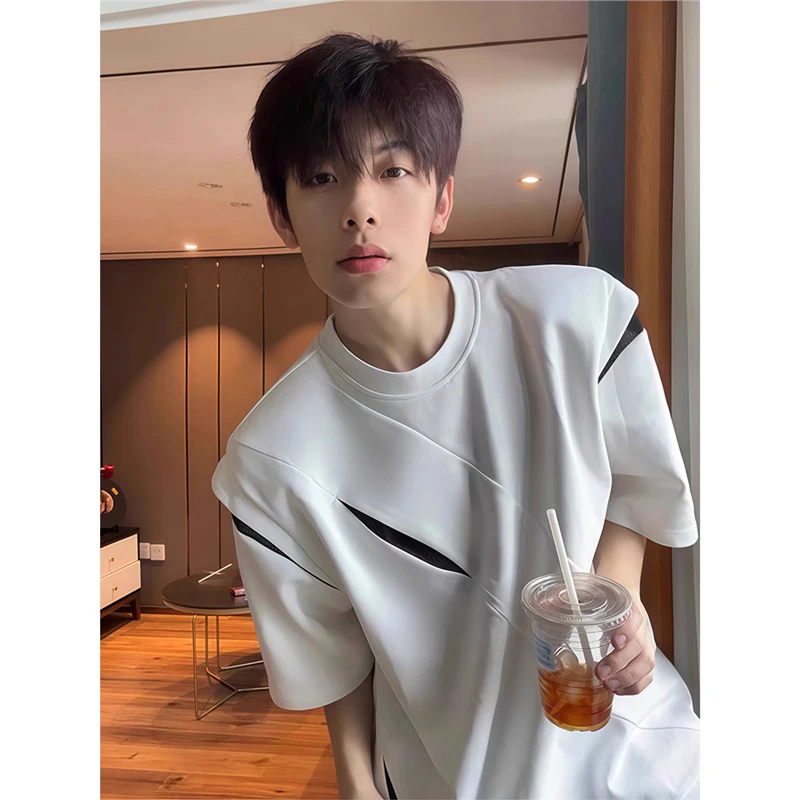 美式解构拼接正肩t恤小众设计感刀割垫肩短袖男高级感穿搭半截袖