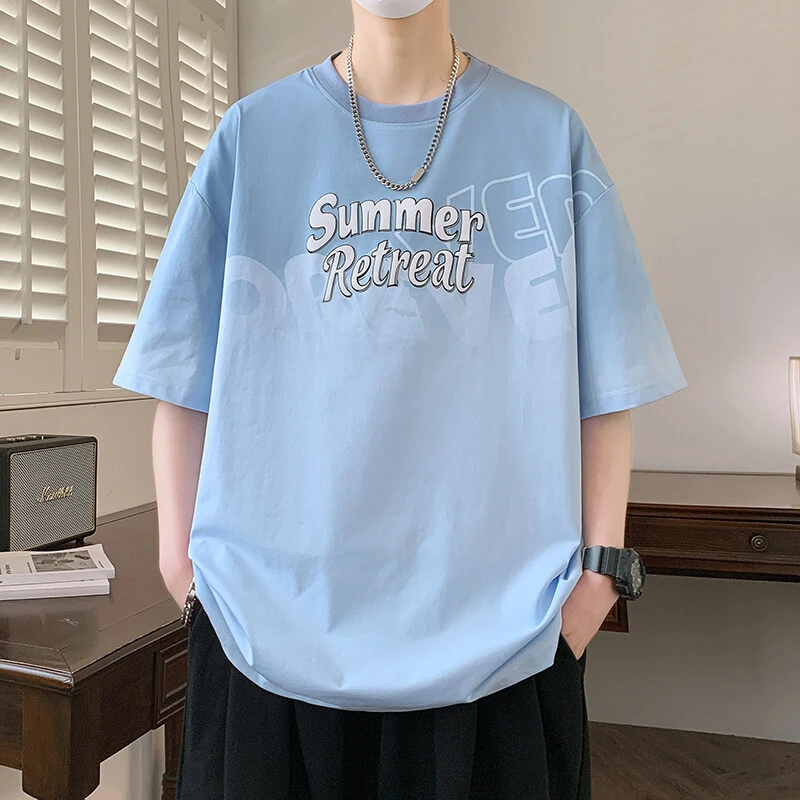 夏季青少年学生新款休闲圆领半袖宽松潮流字母印花五分袖男生T恤