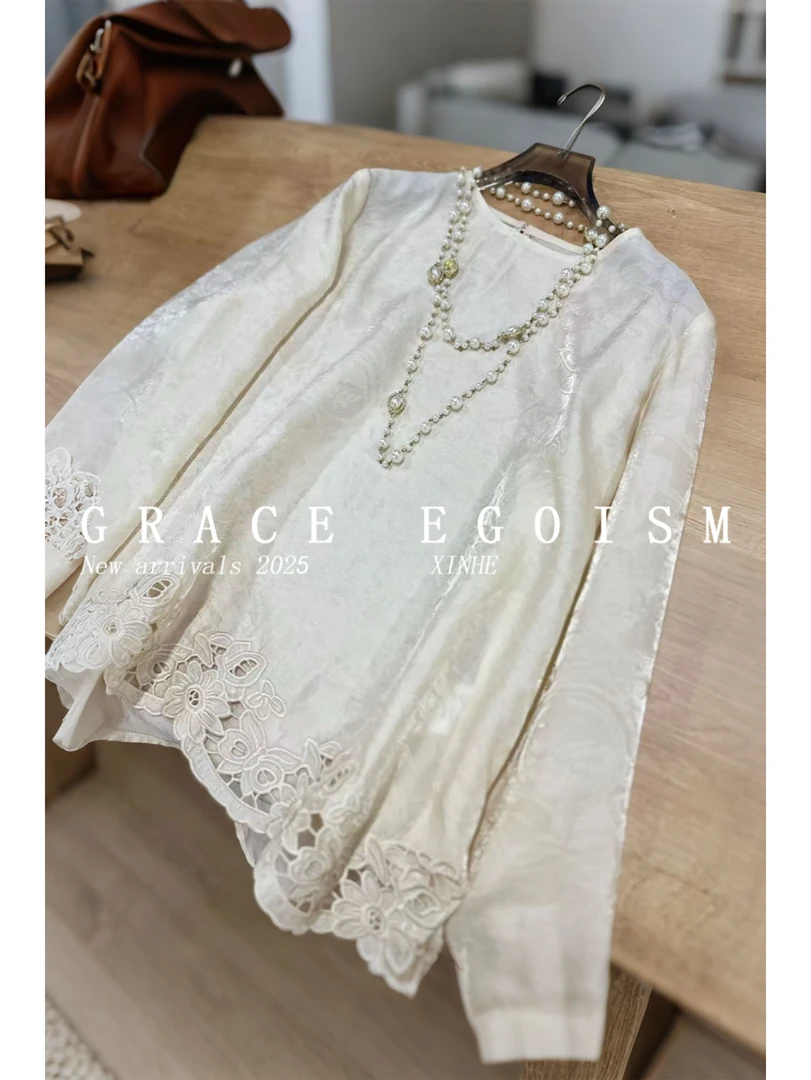 金禾【镂花锦】秋款国风双丝织锦花萝时尚百搭镂空刺绣长袖小衫3597