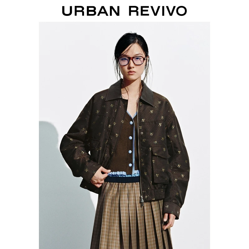 UR2025冬季新款女装琥珀流光风拼接翻领碎花棉服UYL150080