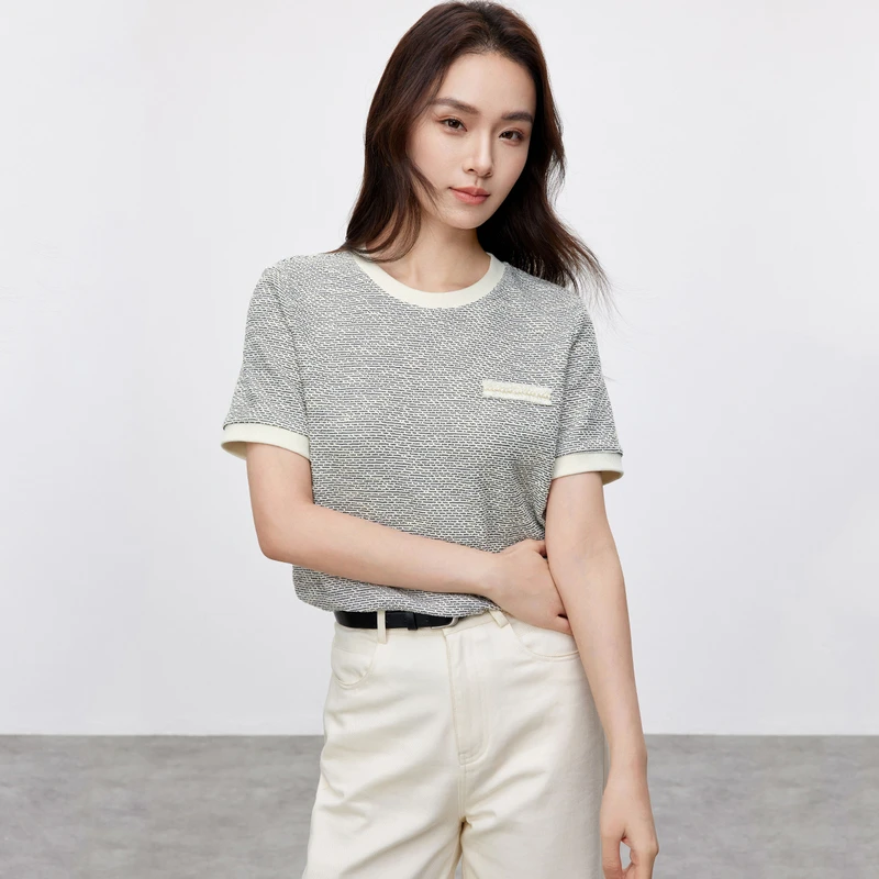 尚都比拉撞色领T恤都市撞色罗纹领钉珠编织带装饰针织T恤59032