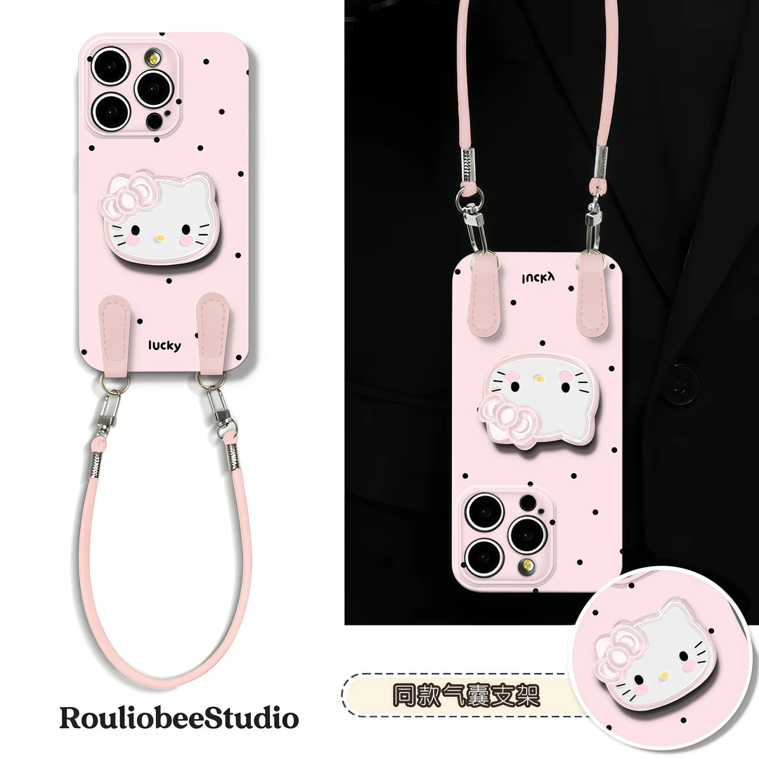 波点Kitty支架挂绳适用iPhone17苹果16手机壳华为vivo小米15oppo