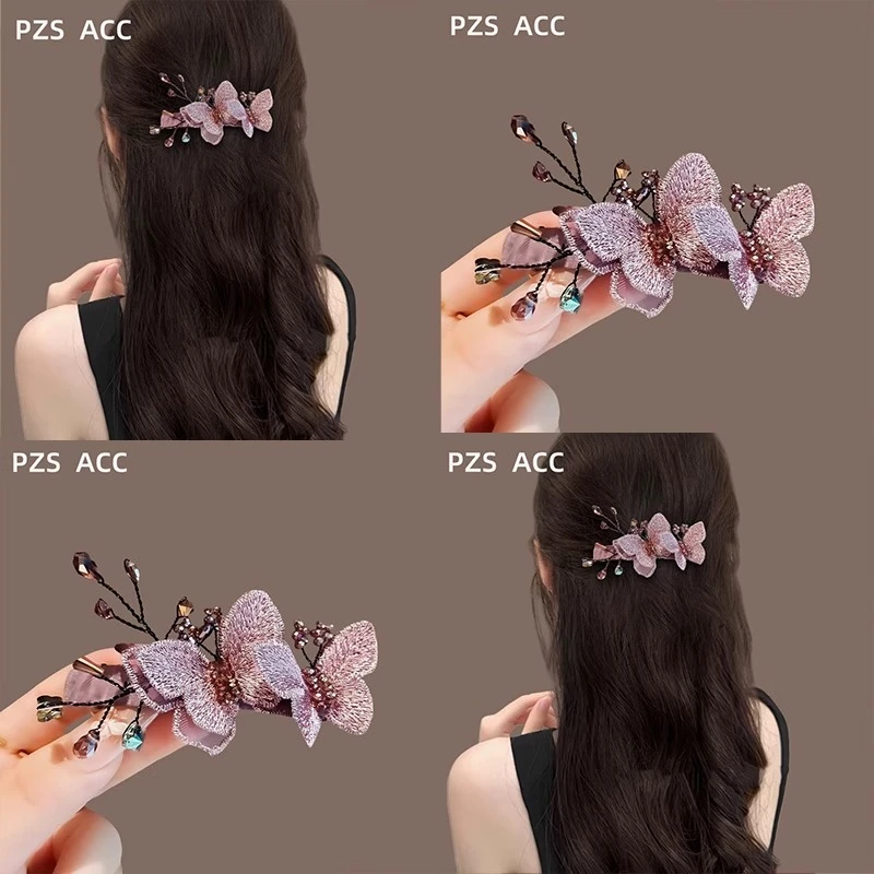 浪漫紫色仿水晶蝴蝶发夹高档横夹一字夹后脑勺弹簧夹顶夹发卡头饰