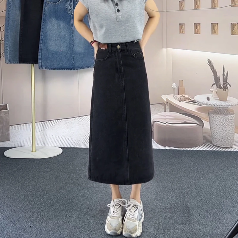 新款秋季显瘦高腰a字牛仔裙小个子半身中长款开叉胖mm长裙裙子女