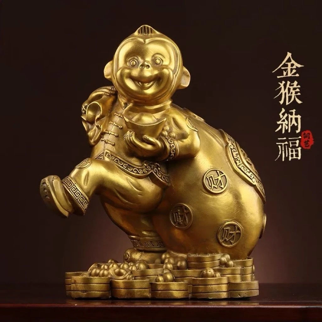 开运纯铜猴子摆件风水猴吉祥物十二生肖猴金猴摆件铜猴背钱袋猴子