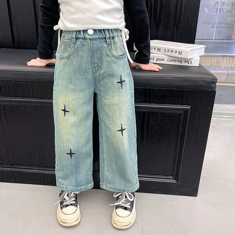女童牛仔裤2024春新款儿童洋气直筒裤女孩百搭长裤时尚春秋装裤子