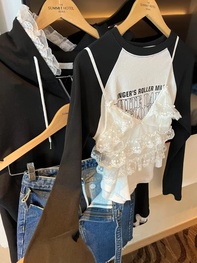 【上no退No换 韩女自习室】韩国设计订制款蕾丝连帽卫衣