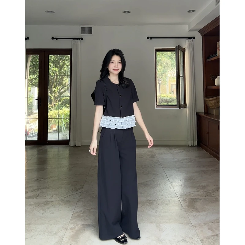 郭九九呢 气质撞色花边显瘦西装短袖直筒阔腿裤西装裤 G925A08169