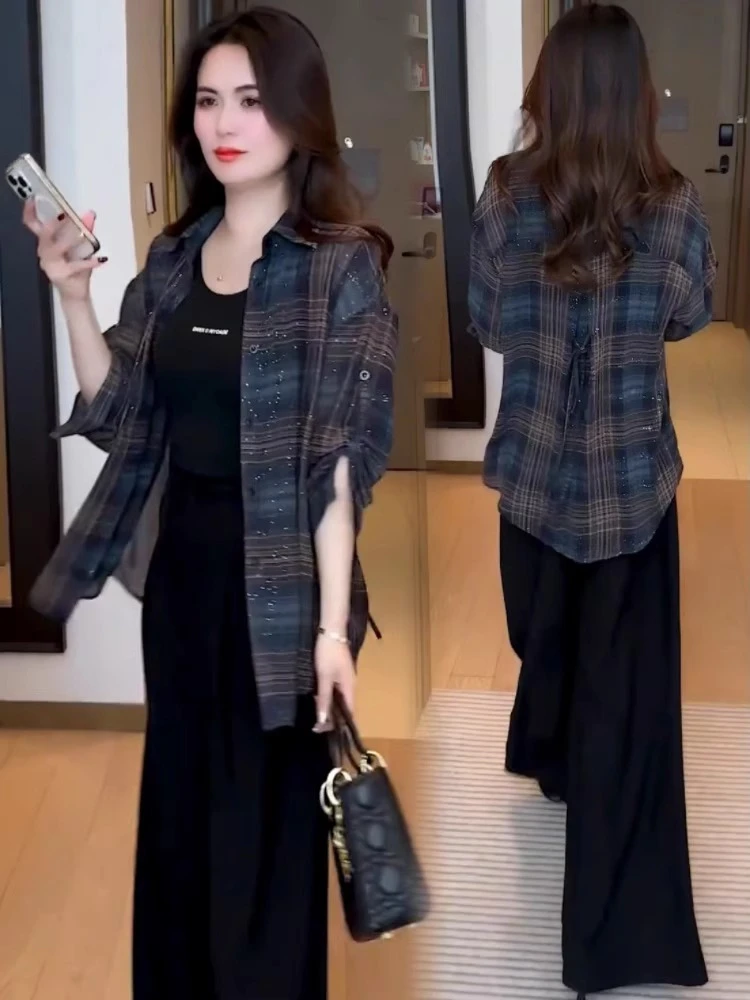 复古格子长袖衬衫女士春夏新款胖MM遮肚休闲衬衣薄款防晒服薄上衣