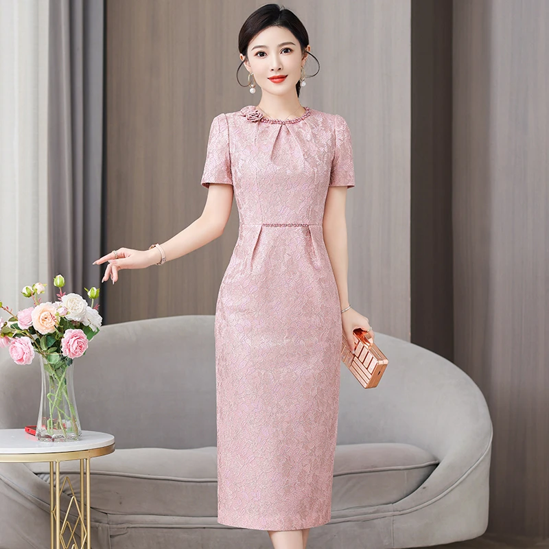 中长款敬酒连衣裙2025年夏季新款婚礼妈妈装婚宴礼服喜婆婆装裙子