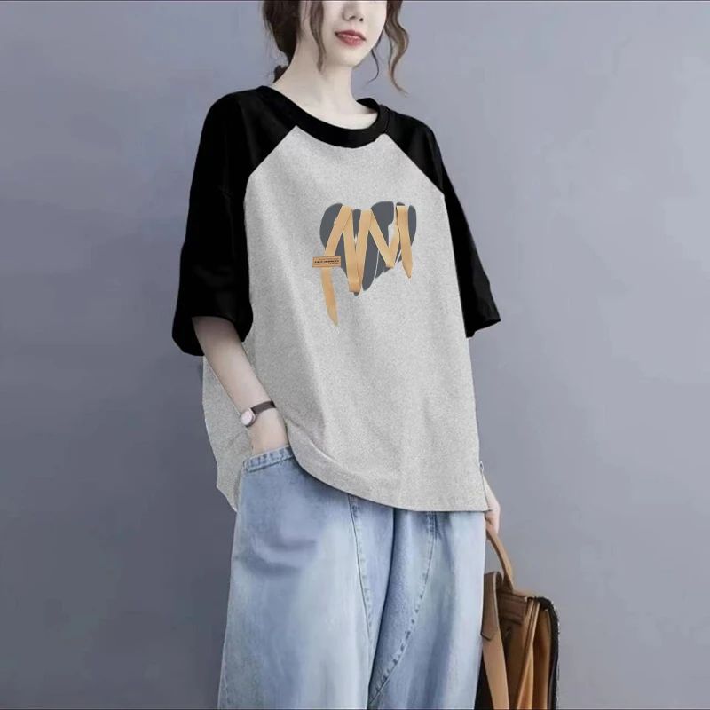大码女装胖MM宽松拼接100%纯棉T恤夏季新款休闲显瘦时尚圆领上衣
