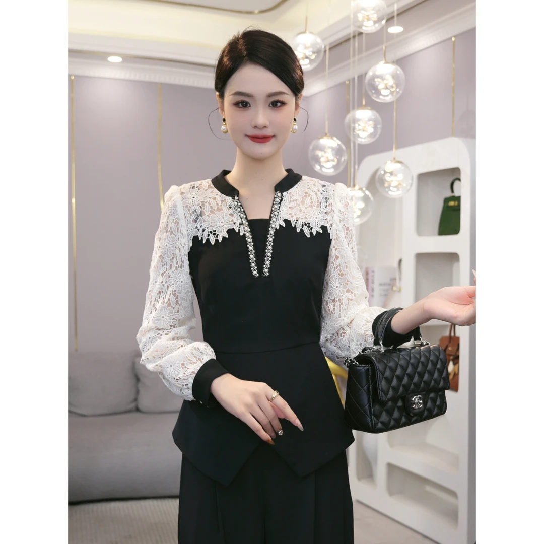 唐熹2026早秋款【QQ-1233】静奢风气质假两件黑色拼接钉珠衬衫上
