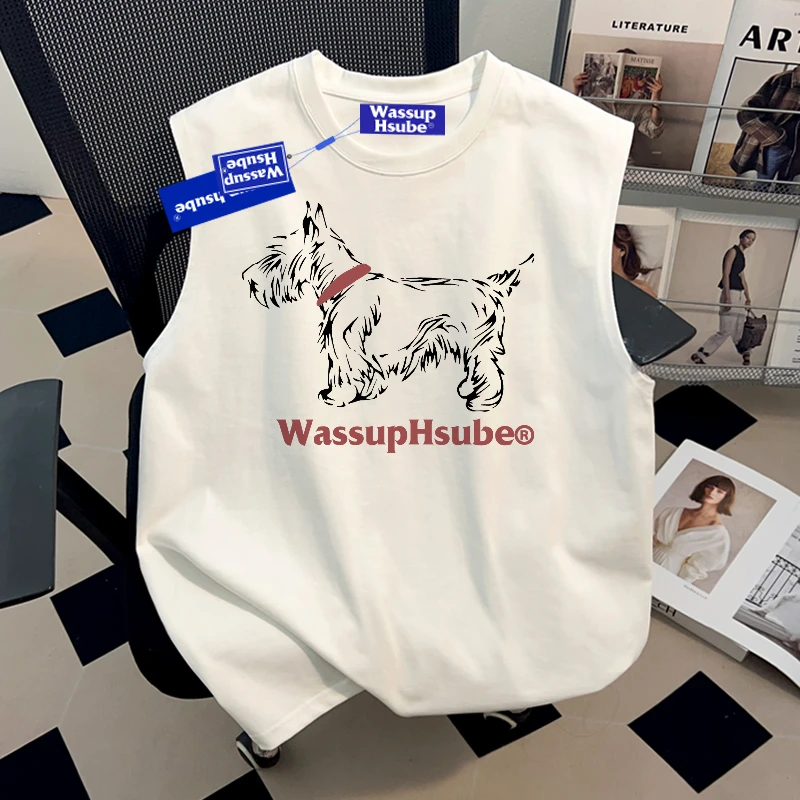 WASSUP HSUBE白色T恤男女夏季小狗印花情侣坎肩宽松运动重磅背心