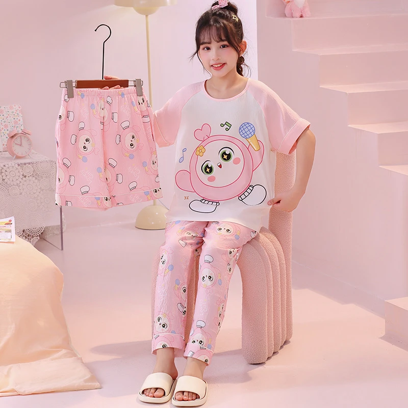 儿童睡衣夏季薄款短袖云朵棉三件套女童卡通中大童女孩宝宝家居服