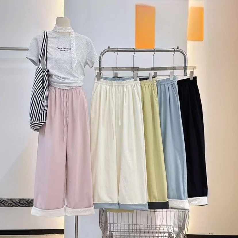 松紧腰直筒阔腿休闲裤翻卷边设计百搭女春夏长裤