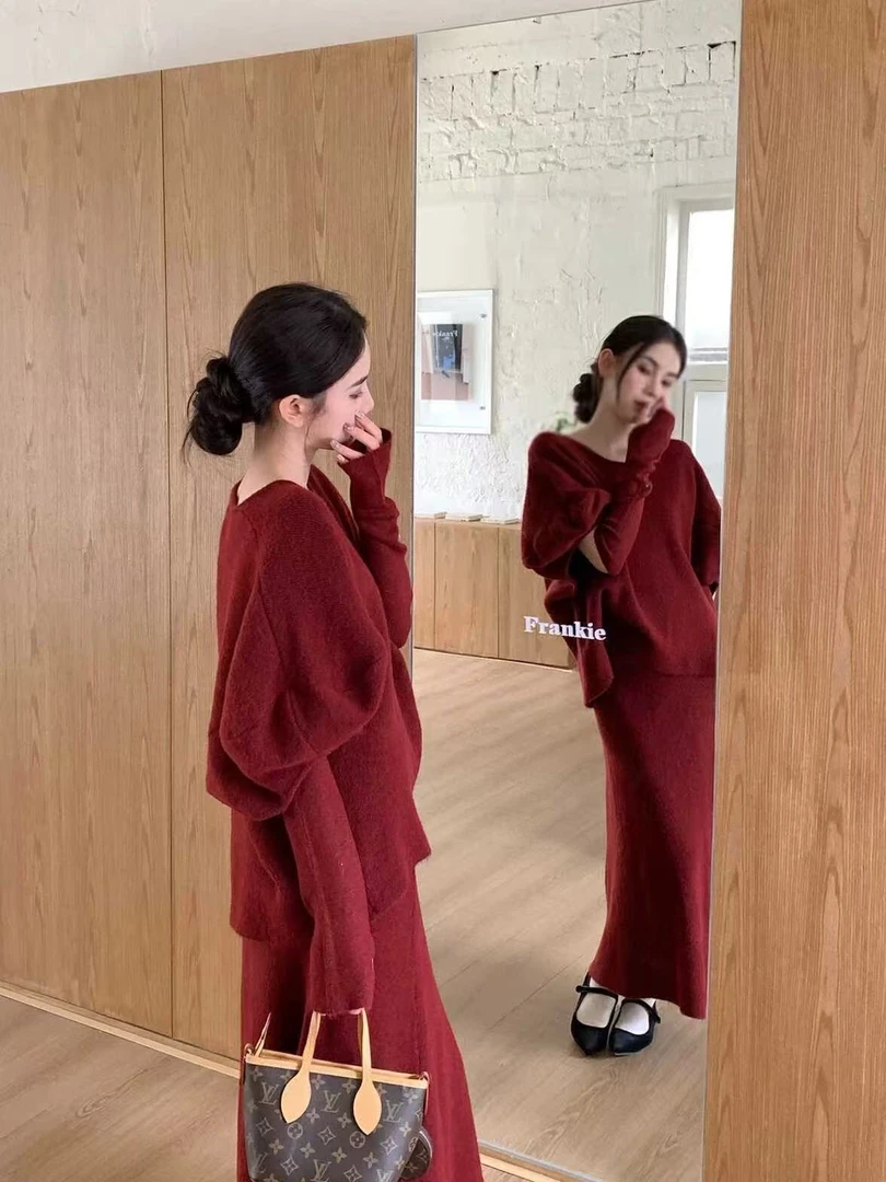 时尚套装短袖+袖套+半身裙三件套法式小香风针织韩版显瘦红色套装