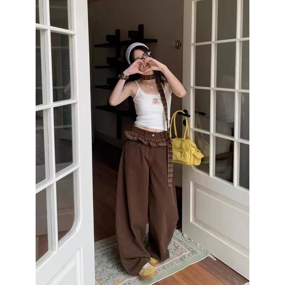 潮牌重工格子花边拼接高腰牛仔裤女夏季辣妹复古双腰头宽松直筒裤