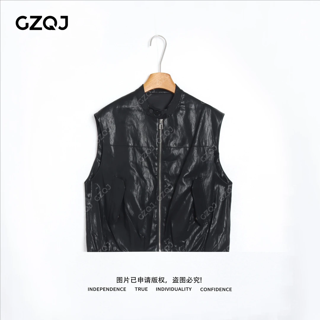 老琴私服【落日剧场】琥珀流光风时尚拉链立领无袖皮衣马甲秋35286