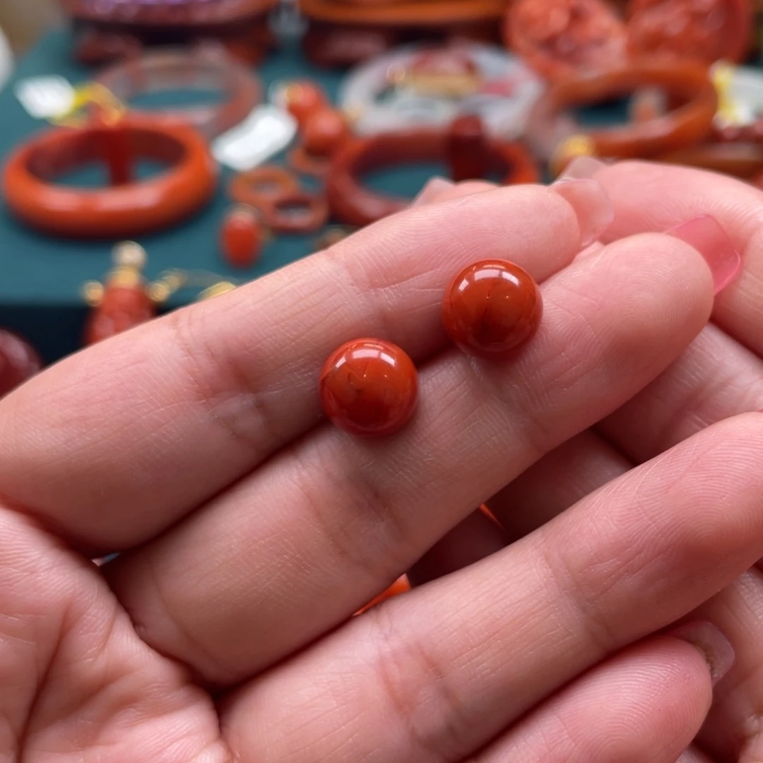 南红玛瑙川料南红满肉蛋面耳钉银S925镶嵌