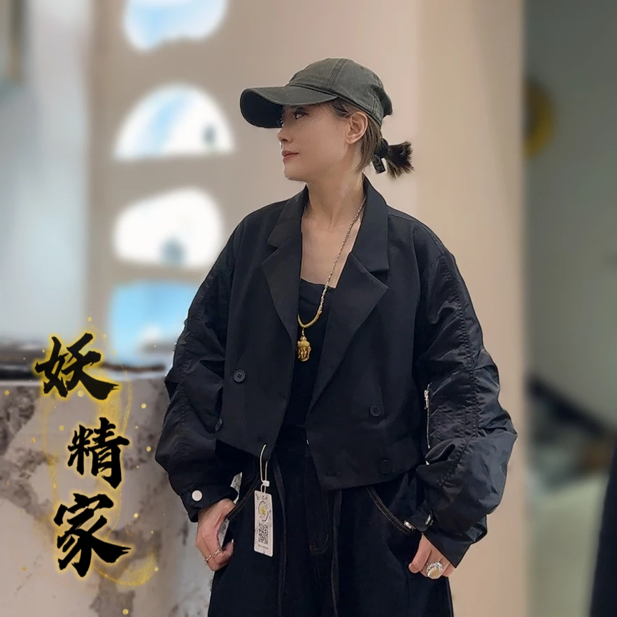 3022【妖精家】韩版显瘦小众气质拼接设计个性复古双排撞色外套