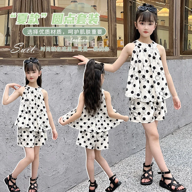 2025新款夏季波点套装女童无袖黑白水墨时尚洋气两件套短裤中大童