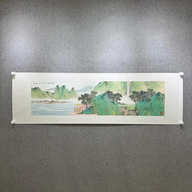陈翔老师手绘青绿山水国画作品，四平尺，宣纸上绘，托片