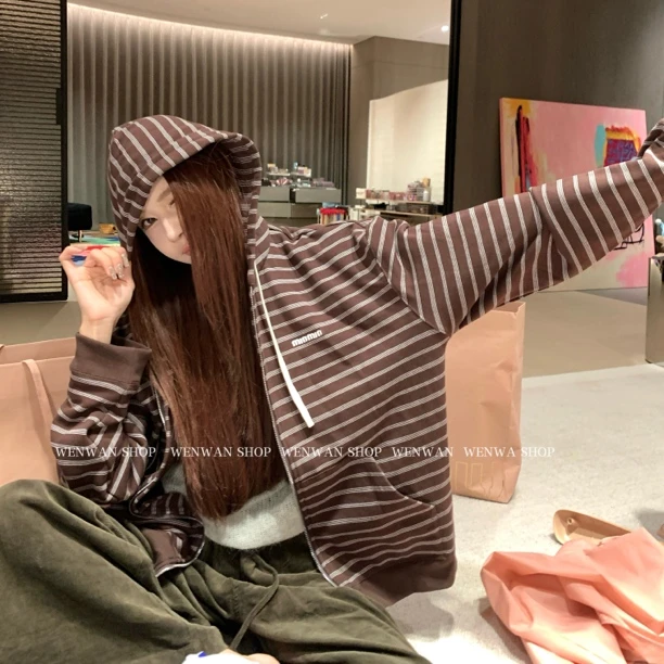 双十一狂欢价!【人生hoodie】连帽棕色条纹卫衣外套