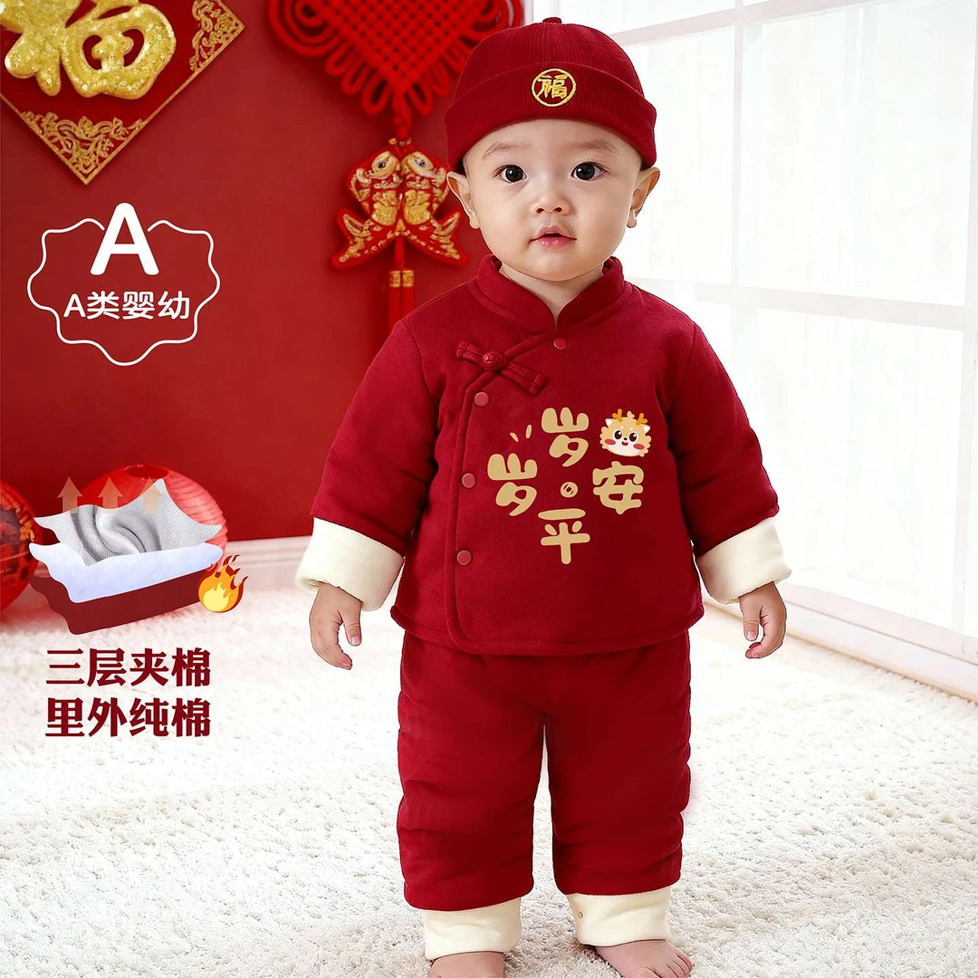 宝宝周岁礼服秋冬新款夹棉男孩女过年拜年服一周岁生日抓周服套装