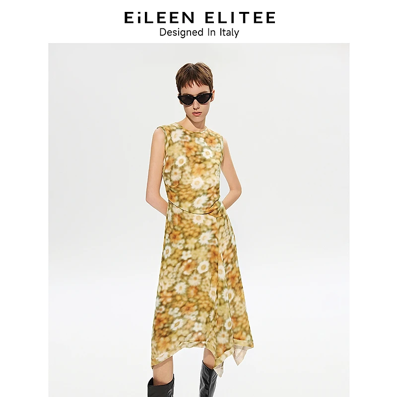 朗姿欧洲EiLEEN ELITEE2025年夏新款无袖长裙黄色收腰法式连衣裙