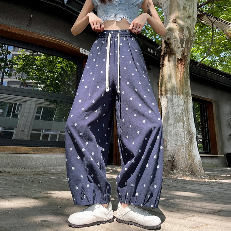 冰丝波点休闲女夏季宽松阔腿高腰显瘦九分灯笼纯欲慵懒风女装薄款